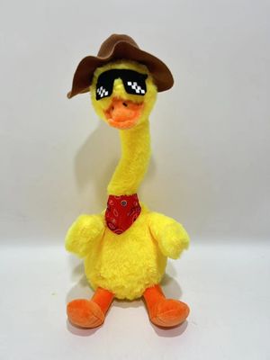 Nagrywanie, powtórki, taniec, śpiew, żółta kaczka, pluszowa zabawka z kapeluszem.