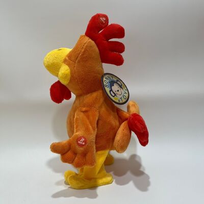 Żółta pluszowa zabawka kurczaka z długimi włosami, która gdacze, śpiewa i tańczy po pociągnięciu za szyję, zabawna lalka koguta, interaktywna zabawka antystresowa